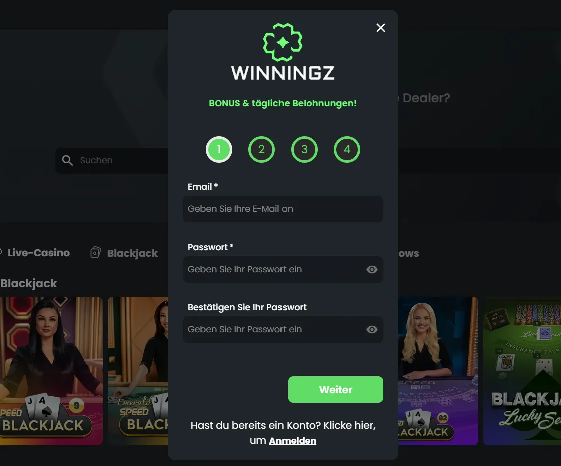 Schnelle Registrierung und Anmeldung bei Winningz Casino
