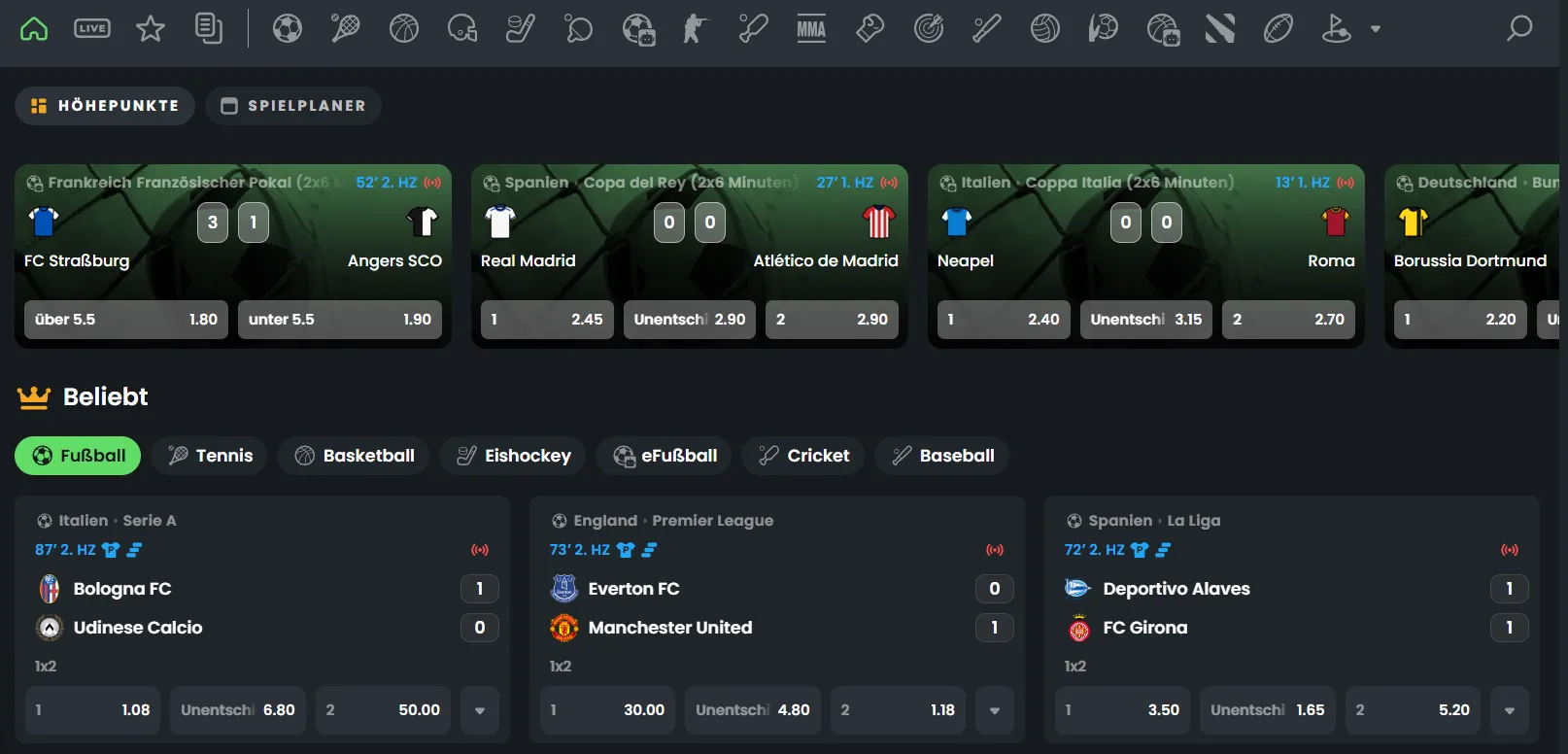 Sportwetten Angebot im Winningz Casino